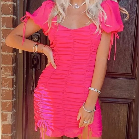 Size Small Bodycon Ruched Puff Sleeve Hot Pink Dress | Color: Pink | Size: S | Liviedmonson's Closet